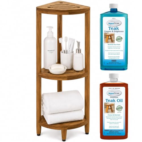 AquaTeak Kai 40.25" Teak Corner Shelf Stand, with Teak Oil & Cleaner Kit | Space-Saving Design, Durable Water-Resistant Teak, Anti-Slip Feet - size: Stand & Two-Step Care Kit