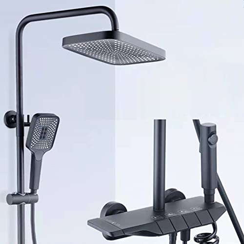 Thermostatic Shower System Exposed Shower Faucet Set Wall-Mounted Bathroom Shower Fixture with Rain Shower Head,3 Mode Handheld Shower,Height Adjustable Shower Rail Set (Black) - color: Black
