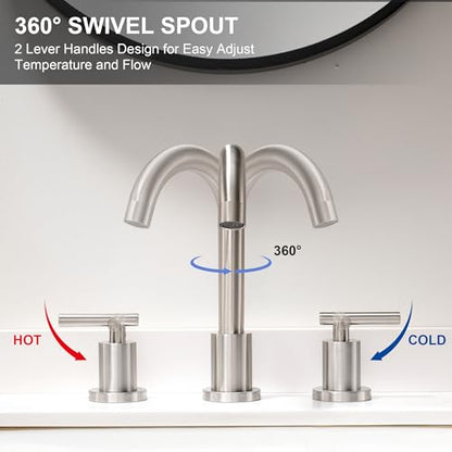 Waterfall Bathroom Faucets for Sink 3 Hole | Brushed Nickel Bathroom Faucet with Pop-up Drain, 8 Inch Widespread Bathroom Sink Faucet 2-Handles Vanity Faucet with Supply Lines - color: Brushed Nickel