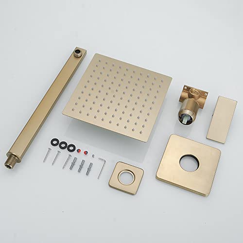 Brushed Gold Shower Faucet Set, Single Function Shower Trim Kit with Rough-in Valve, Square Rain Shower Head System Included Extra Long Shower Arm for Bathroom - color: Brushed Gold, style: Shower Faucet