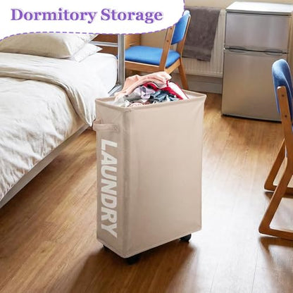 Slim Rolling Laundry Hamper with Wheels, 42L Collapsible Narrow Laundry Basket with Drawstring Mesh Cover, Foldable Dirty Clothes Organizer for Bathroom, Dorm, Small Spaces, Khaki - color: Khaki