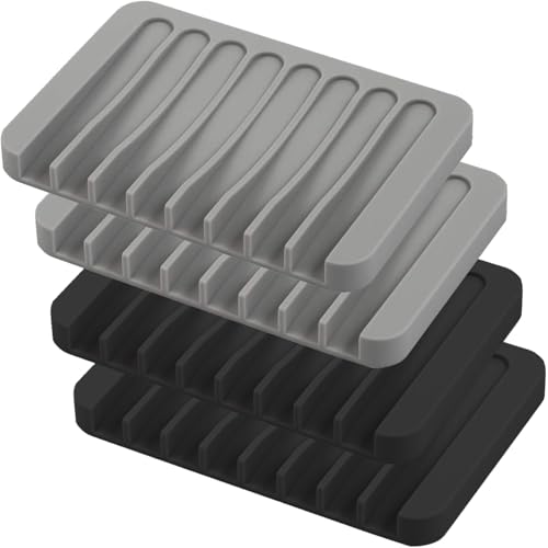 Self Draining Soap Dishes, 4 Pcs Silicone Waterfall Drainer Soap Holder for Bathroom, Extend Soap Life Keep Dry Clean & Easy Cleaning (Black & Grey) - color: Black & Grey
