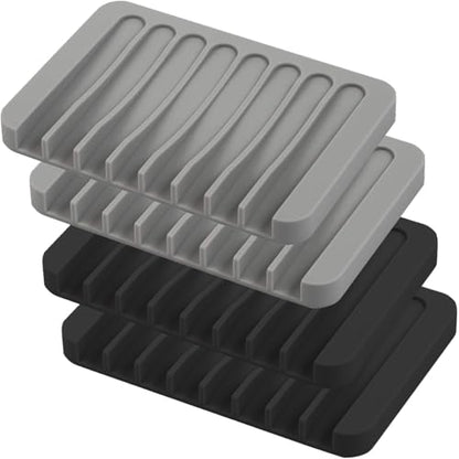 Self Draining Soap Dishes, 4 Pcs Silicone Waterfall Drainer Soap Holder for Bathroom, Extend Soap Life Keep Dry Clean & Easy Cleaning (Black & Grey) - color: Black & Grey