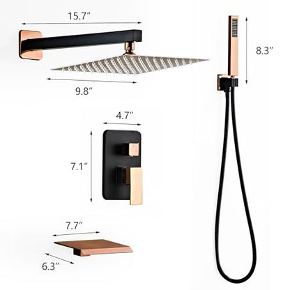 Rainfall Shower Faucet Set with Tub Spout 10 Inch, Shower Head | Rain Shower and Handheld Shower System Square Wall Mount for Bathroom - color: Black＆Gold, style: 10 Inch