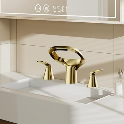Gold Bathroom Faucet 3 Hole, 8 Inch Widespread Gold Faucets 2-Handle for Bathroom Vanity Sink with Adjustable Spout, with Supply Line, for 6 to 12 in Sink - color: Bright Gold, style: Modern