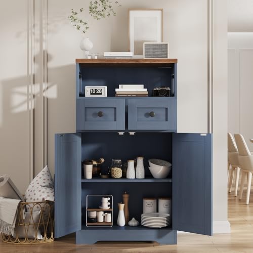 FiveWillowise Farmhouse Blue Storage Cabinet with Barn Doors and Drawers, Small Freestanding Kitchen Pantry Cabinet, Hutch Cupboard for Kitchen, Laundry, Living Room,Bathroom - color: Navy Blue