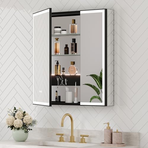 30x32 Premium Black Framed Led Medicine Cabinet Mirror for Bathroom, 3-Color/Dimmable, Anti-Fog, Plug-in & Hardwired, Surface Mount & Recessed, Centered Outlets & USB Ports, Magnetic Area - color: Black, size: 30x32(R)