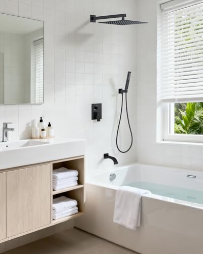 Shower System with Tub Spout, Wall Mounted Bathtub Shower Faucet Set, 12" Rainfall Shower Head and Handheld Shower Combo, High Pressure Shower Fixtures Set with Rough-in Valve, Matte Black - color: Matte Black, style: 12" Wall Mounted Shower System with T