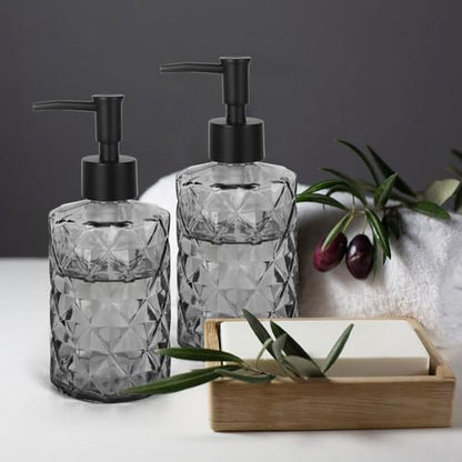 11oz Glass Soap Dispenser with Plastic Pump, Clear Black Bathroom Soap Dispenser for Hand Wash & Dish Wash, Elegant Dispenser for Dishwashing Liquid, Lotion, Shower Gel, Essential Oil - color: Diamond Black