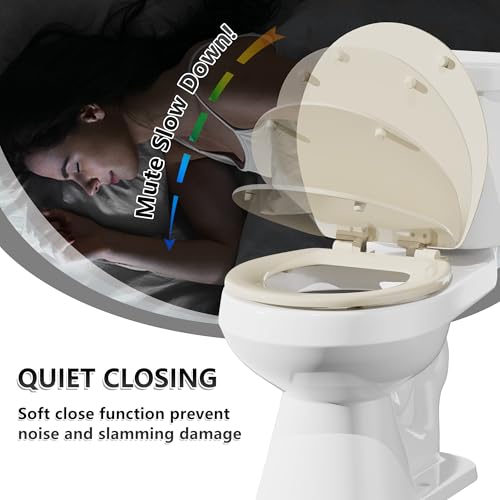 Angol Shiold Slow Close Wood Toilet Seat（Bone, Round 16.5''） | Durable enameled wood round toilet seat, adjustable non-slip hinges, anti-pinch bumpers, easy to install and clean