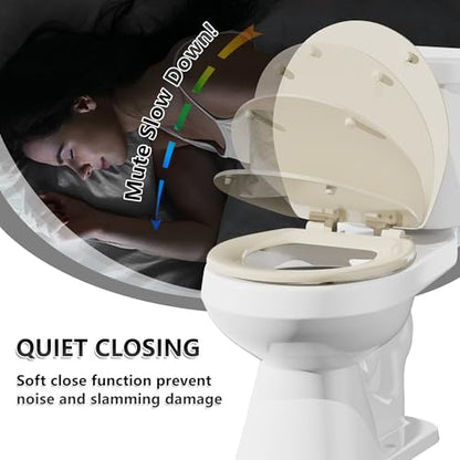 Angol Shiold Slow Close Wood Toilet Seat（Bone, Round 16.5''） | Durable enameled wood round toilet seat, adjustable non-slip hinges, anti-pinch bumpers, easy to install and clean