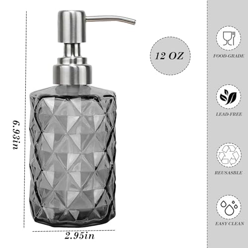 12Oz Gray Glass Soap Dispenser, Liquid Hand Bottle, Stainless Steel Pump | Refillable Clear Kitchen Soap Dispenser with Diamond Design, for Hand soap, Dish Soap, Lotion, Bathroom, Countertop, Hotel - color: Diamond Gray