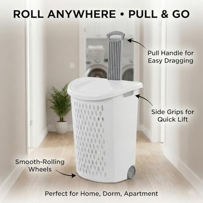 Wheeled Plastic Laundry Hamper,Ultra Wheeled Design Clothes Laundry Basket,Extra Large 135L Pull Handle & Side Grips Plastic Ventilated Clothes Basket for Home, Dorm, or Apartment