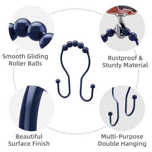 Bathway Shower Curtain Hooks, Shower Curtain Rings Rust Proof Navy Blue Double Hook Shower Curtain Hooks, 12 Pcs Shower Hooks for Shower Curtain, Shower Rings for Curtain, Metal Shower Rod Hooks - color: Navy Blue