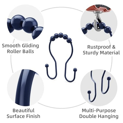 Bathway Shower Curtain Hooks, Shower Curtain Rings Rust Proof Navy Blue Double Hook Shower Curtain Hooks, 12 Pcs Shower Hooks for Shower Curtain, Shower Rings for Curtain, Metal Shower Rod Hooks - color: Navy Blue