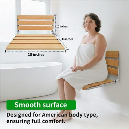 Wall Mounted Folding Shower Seat, 18 Inch Solid Wood Shower Bench with Upgraded Waterproof Coating, Heavy Duty 440 lbs Capacity for Seniors, Fold Down Shower Seat Easy Install ADA Compliant - size: 18 inches
