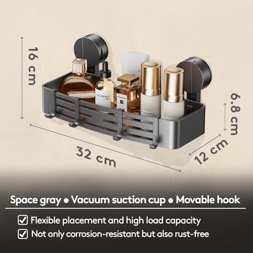 Suction Cup Shower Caddy Without Drilling | 4 Hooks, 32 cm Length, 10 kg Load Capacity, 1-Minute Installation | Removable and Rust-Free Shower Shelf
