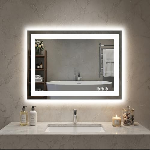 NEWBULIG Smart Anti-Fog LED Bathroom Mirror with Front Light & Backlit, 3 Color Modes, Dimmable, Memory Function, Wall-Mounted Modern Rectangular Vanity Mirror, White, 24"x36" - color: Led-white Rect, size: 24"L x 36.2"W