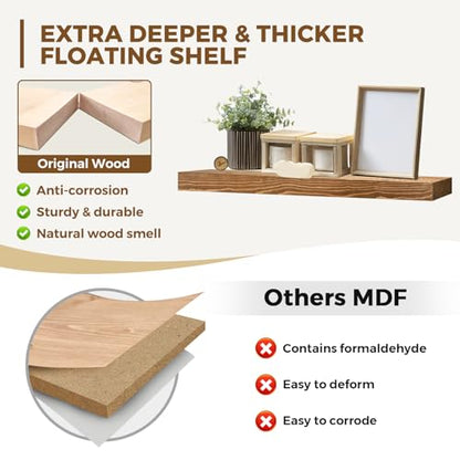 Solid Wood Floating Shelves, 36 Inch Wall Shelves, Set of 2, Oak | 8 Inch Deep, 1.6 Inch Thick, Extra-Wide Display Space, Mounting Hardware Included, For Kitchen, Bathroom and Living Room - color: Oak, size: 36x8x1.6