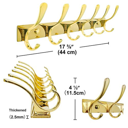 SKOLOO Coat Rack Wall Mounted - 6 Hooks, Pack of 2, Heavy Duty, Stainless Steel, Metal Wall Hangers, Sturdy Coat Hooks for Hanging Coats, Jacket, Clothes, Hat, Bright Gold - color: Bright Gold, size: 6 Hook(2 Pack)