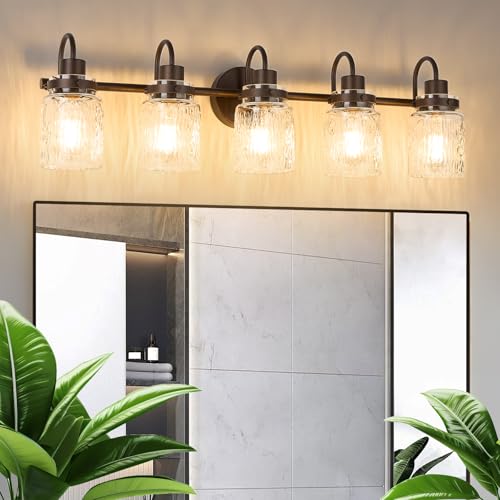5 Lights Bathroom Vanity Light, Oil Rubbed Bronze Bathroom Light Fixtures with Hammered Glass Lampshade for Dressing Table,Over Mirror,Hallway - color: Oil-Rubbed Bronze, size: 5 Lights