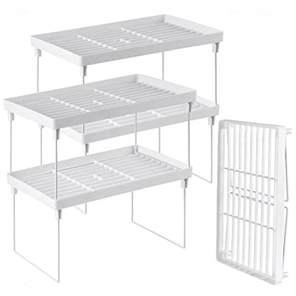 NiHome 4-Pack Stackable Plastic Kitchen Storage Shelf Foldable Rack, White | Stackable Kitchen Cabinet Organizer and Storage Shelves, Expandable Storage Racks for Counter Cabinet Pantry