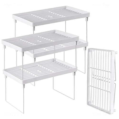 NiHome 4-Pack Stackable Plastic Kitchen Storage Shelf Foldable Rack, White | Stackable Kitchen Cabinet Organizer and Storage Shelves, Expandable Storage Racks for Counter Cabinet Pantry
