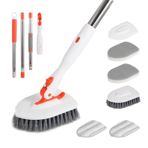 Bathtub Cleaning Brush Long Handle, Shower Bathroom Cleaner Brush Scrubber | 3 Different Detachable Scrub Brush Replacement Head for Scrubing Bathroom Floors, Tubs, Tiles, Kitchen Walls