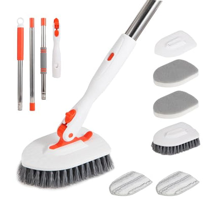 Bathtub Cleaning Brush Long Handle, Shower Bathroom Cleaner Brush Scrubber | 3 Different Detachable Scrub Brush Replacement Head for Scrubing Bathroom Floors, Tubs, Tiles, Kitchen Walls