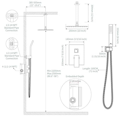 SunCleanse Rainfall Shower Faucet Set with High Pressure in Brushed Nickel | Ceiling mounted shower combo set featuring a 10" rainfall shower head, handheld spray, and rough-in shower valve. - color: Brushed Nickel, style: 10-ceiling