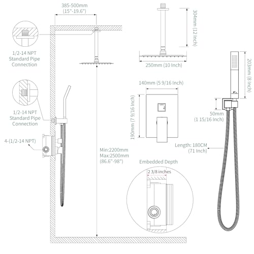 SunCleanse Rainfall Shower Faucet Set with High Pressure in Matte Black | Ceiling mounted shower combo set featuring a 10" rainfall shower head, handheld spray, and rough-in shower valve. - color: Matte Black, style: 10-ceiling