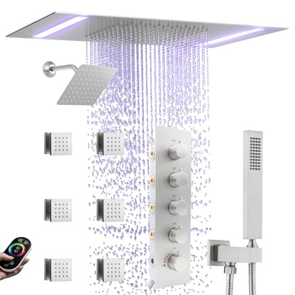 Thermostatic Shower System with 14x20 Inch Ceiling Mount LED Head & 6 Inch Wall Head and Handheld Shower 4 Function Vale with body jets Can All Run Together,Brushed Nickel - color: Brushed Nickel, style: 14x20 led+6 jets