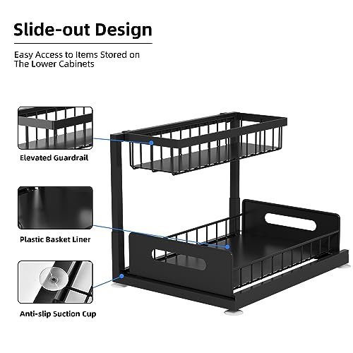 2-Tier Under Sink Slide Out Organizer, Pull Out Cabinet Storage Shelf with Sliding Wire Basket Drawer for Bathroom Kitchen, Countertop or Pantry Shelf, Black