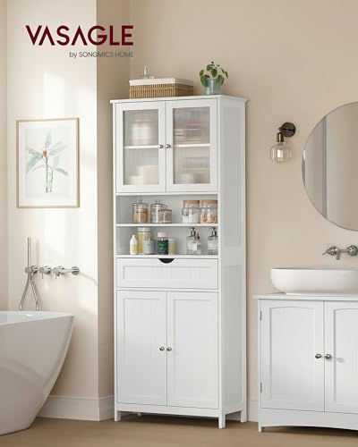VASAGLE Storage Cabinet, Freestanding Storage Unit with Adjustable Shelves, Drawer, Open Compartments, for Bathroom, Living Room, Kitchen, Cloud White UBBC768WH01S - size: 11.8"D x 23.6"W x 69.9"H, style: 4 Doors + 2 Open Compartments