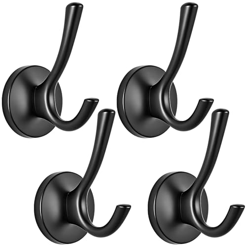Towel Hooks-Coat Robe Hooks-Heavy Duty Metal Double Bathrobe Hook-Black Towel Hooks for Bathrooms-Kitchen Closet Garage（4Pcs Black） - color: Black