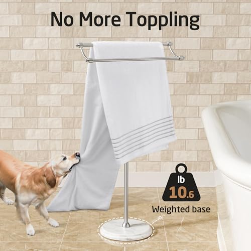 KES Anti Wobble Free Standing Towel Rack with 3X Thick Weighted Marble Base | 2-Tier Towel Rack Stand for Bathroom Floor, Rustproof 18/8 Stainless Steel, Antique Brushed Steel, Anti-Slip Pads Included - color: Brushed Steel