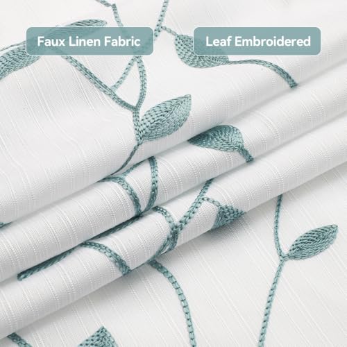 Embroidered Leaf Farmhouse Shower Curtain,Faux Linen,72Wx72L,White Teal | Boho Modern Shower Curtain Set, Washable & Waterproof Fabric, Floral Shower Curtains for Bathroom with Hooks - color: White Teal