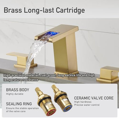 LED Bathroom Faucet 3 Hole, Brushed Gold Waterfall Bathroom Faucets, 8 Inch Widespread Modern Bathroom Sink Faucet, Wide Spread Touch On Three Hole 2 Handle Bathroom Vanity Faucet - color: Brushed Gold