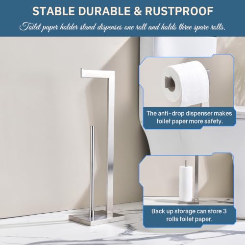 Toilet Paper Stand with Reserve - Brushed 304 Stainless Steel, Free Standing Bathroom Tissue Holder Storage for Extra Rolls - color: Brushed