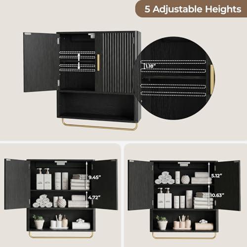 Bathroom Wall Cabinet, Medicine Cabinet with Fluted Door & Adjustable Shelf | Over The Toilet Storage Cabinet with Towel Bar, Space-Saving Cabinet Wall Mount for Laundry Room, Kitchen, Living Room - color: Black
