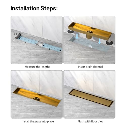 Linear Shower Drain, 304 Stainless Steel with Adjustable Leveling Feet, Hair Strainer,Reversely Install Place to Create an Invisible Floor Drain - Gold -12-Inch - color: Brushed Gold, size: 12inch