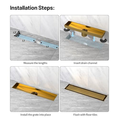 Linear Shower Drain, 304 Stainless Steel with Adjustable Leveling Feet, Hair Strainer,Reversely Install Place to Create an Invisible Floor Drain - Gold -12-Inch - color: Brushed Gold, size: 12inch