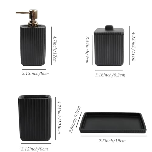 Hymmah Black Bathroom Accessories Set,Unique Design Bathroom Set 5 Pcs Resin Gift Set Apartment Necessities, Contain Cotton Swab Jar,Soap Dispenser,Soap Dish/Tray,Tumbler - color: Black 5