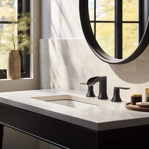 Black Bathroom Faucet 3 Hole, Brass Bathroom Waterfall Faucet 2 Handle, 4-16 Inch Widespread Bathroom Sink Faucets, Restroom Sink Faucet for Vanity with Supply Hoses, NO Equipped Pop-up Drain - color: Matte Black, style: NO Pop Up Drain