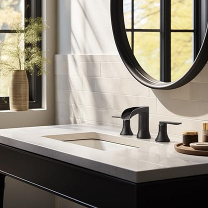 Black Bathroom Faucet 3 Hole, Brass Bathroom Waterfall Faucet 2 Handle, 4-16 Inch Widespread Bathroom Sink Faucets, Restroom Sink Faucet for Vanity with Supply Hoses, NO Equipped Pop-up Drain - color: Matte Black, style: NO Pop Up Drain
