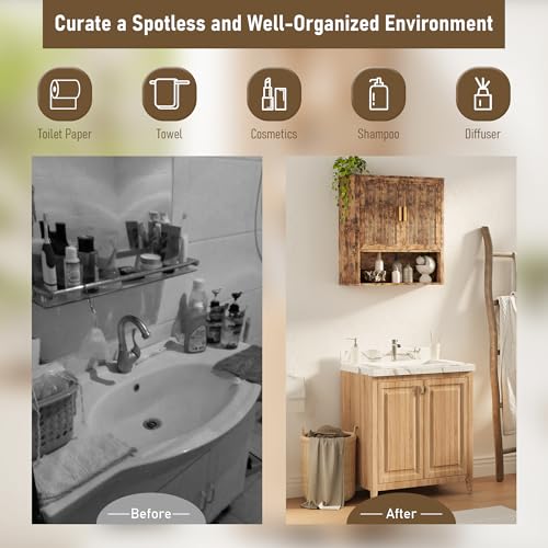 Bathroom Wall Cabinet, Wall-Mounted Medicine Cabinet with Adjustable Wood Shelf & Doors, Floating Bathroom Cabinet Over Toilet for Laundry Room & Kitchen & Living Room (Retro) - color: Retro