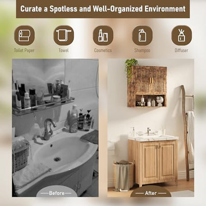 Bathroom Wall Cabinet, Wall-Mounted Medicine Cabinet with Adjustable Wood Shelf & Doors, Floating Bathroom Cabinet Over Toilet for Laundry Room & Kitchen & Living Room (Retro) - color: Retro