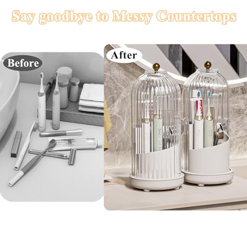 Drainable Toothbrush Toothpaste Holders with Cover, Transparent | Drainage Holes, Waterproof and Dustproof, 360° Rotating Base, Sliding Door, for Bathroom Counter - color: Transparent