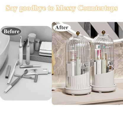 Drainable Toothbrush Toothpaste Holders with Cover, Transparent | Drainage Holes, Waterproof and Dustproof, 360° Rotating Base, Sliding Door, for Bathroom Counter - color: Transparent