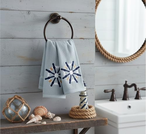 Serafina Home Coastal Nautical Ocean Embroidered Navy White Fingertip Towels, Captains Ship Wheel, Set of 2, 12 x 18 inches, 100% Cotton, - color: Ships Wheel